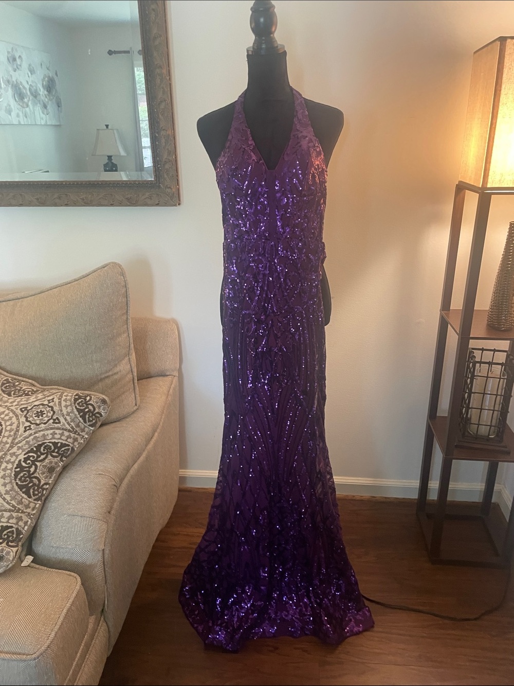 B Darlin Purple Sequin Halter Evening Gown
